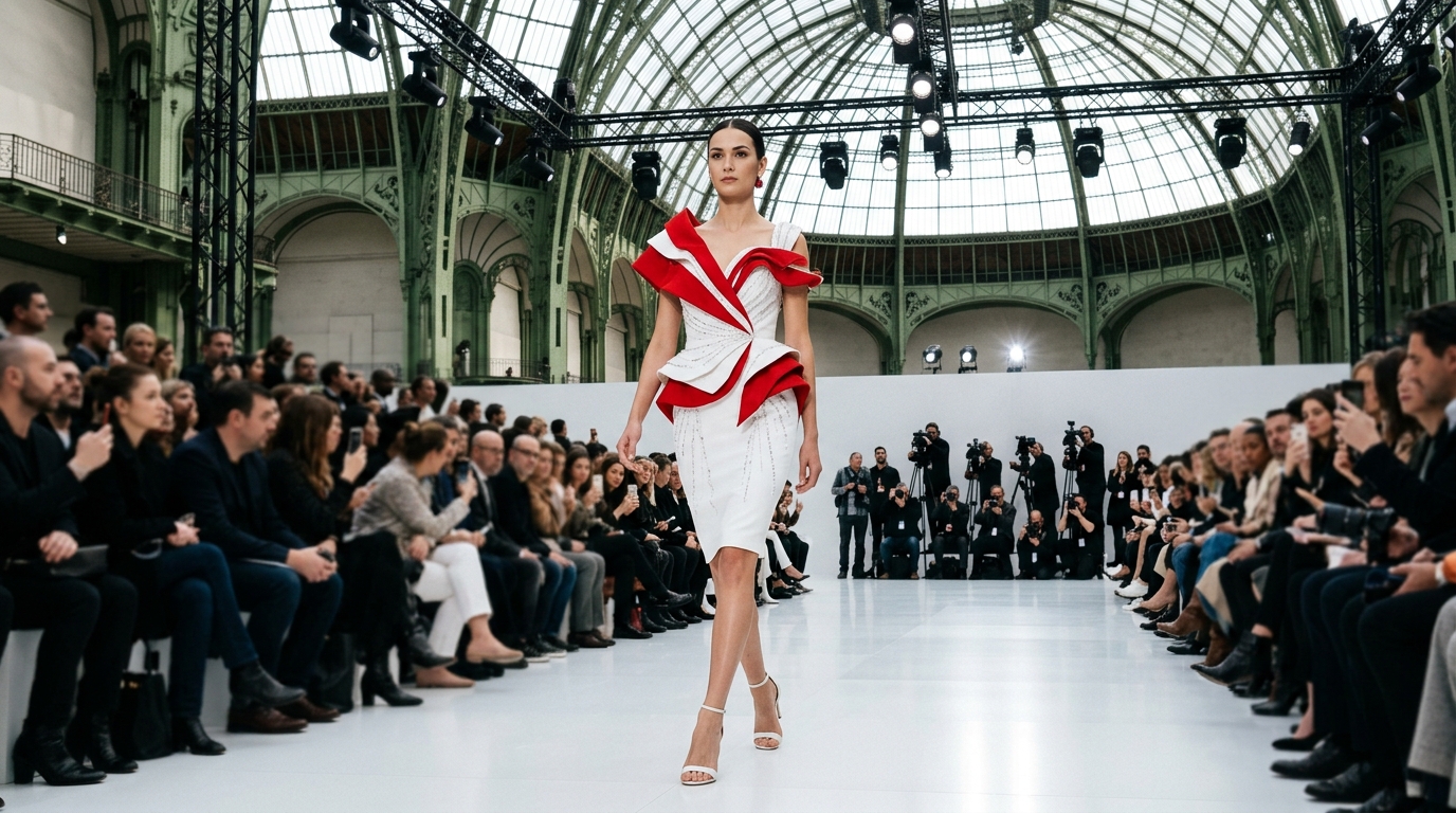 white structured cocktail dress with bold red architectural folds across the bodice, minimalist silhouette, crystal beading details, modern romantic elegance
