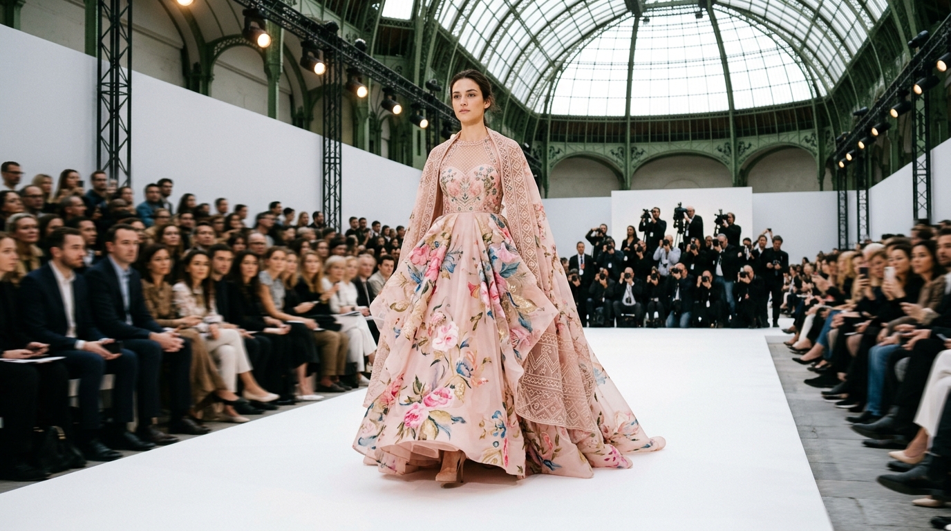 blush pink organza ball gown with hand-painted floral motifs throughout, voluminous sculptural silhouette, sheer embroidered overlay with Indian-inspired geometric patterns