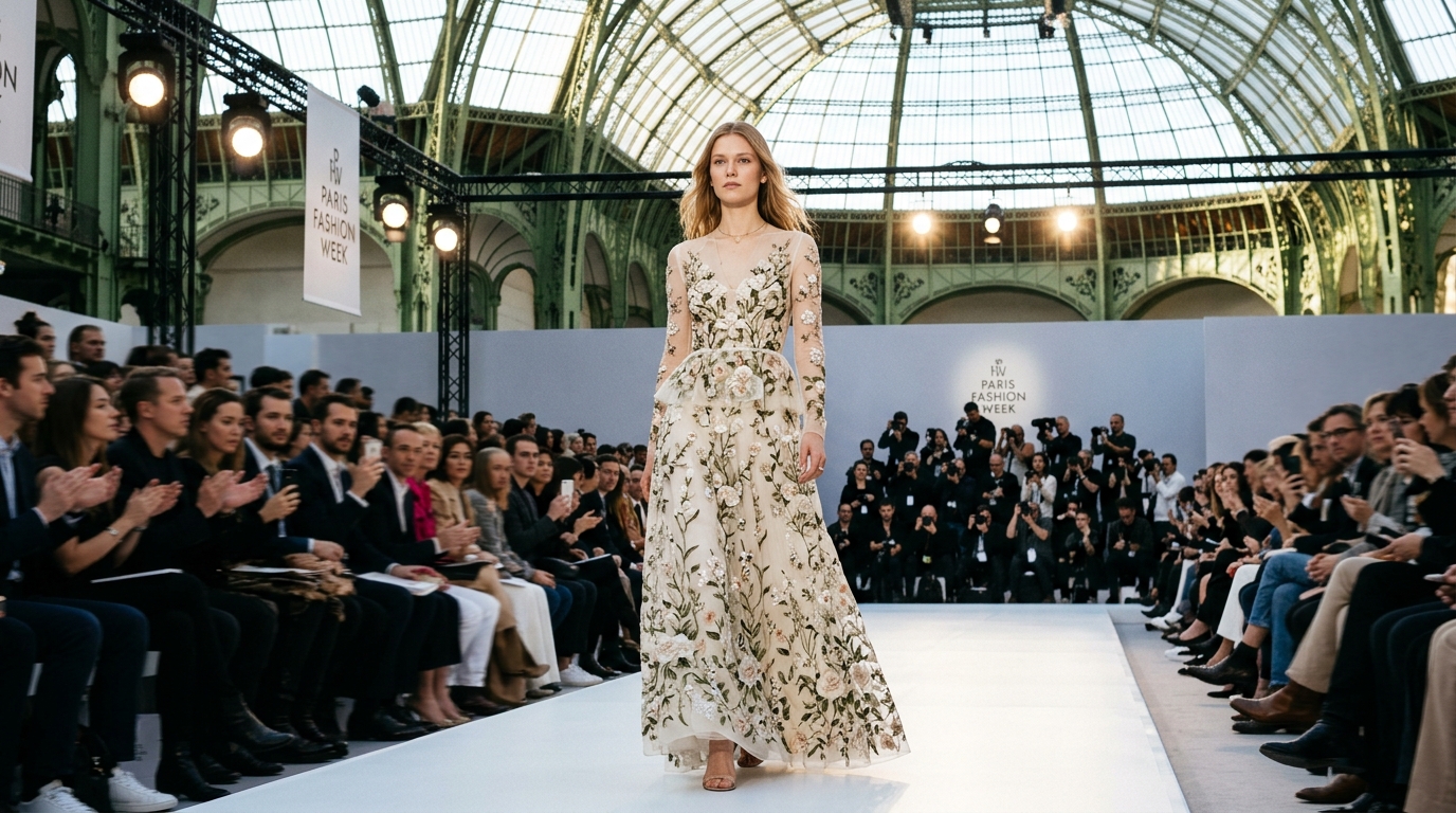 cream-colored gown with intricate botanical embroidery combining roses, leaves, and vines, strategic crystal appliqu, soft peplum detail, romantic yet contemporary